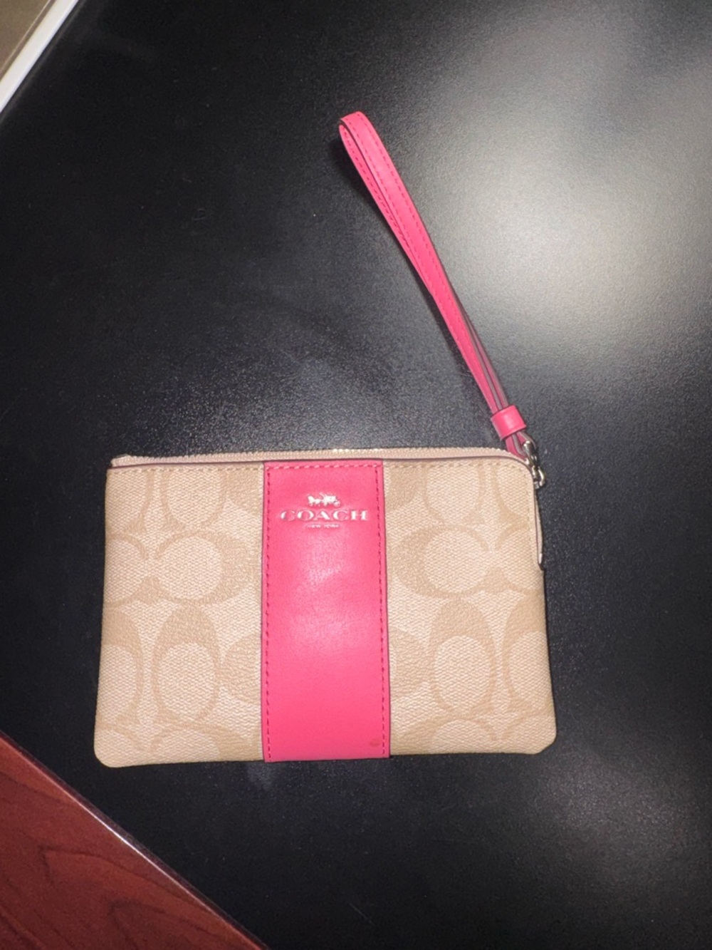 Coach Beige Signature Canvas Wristlet with Pink Stripe
